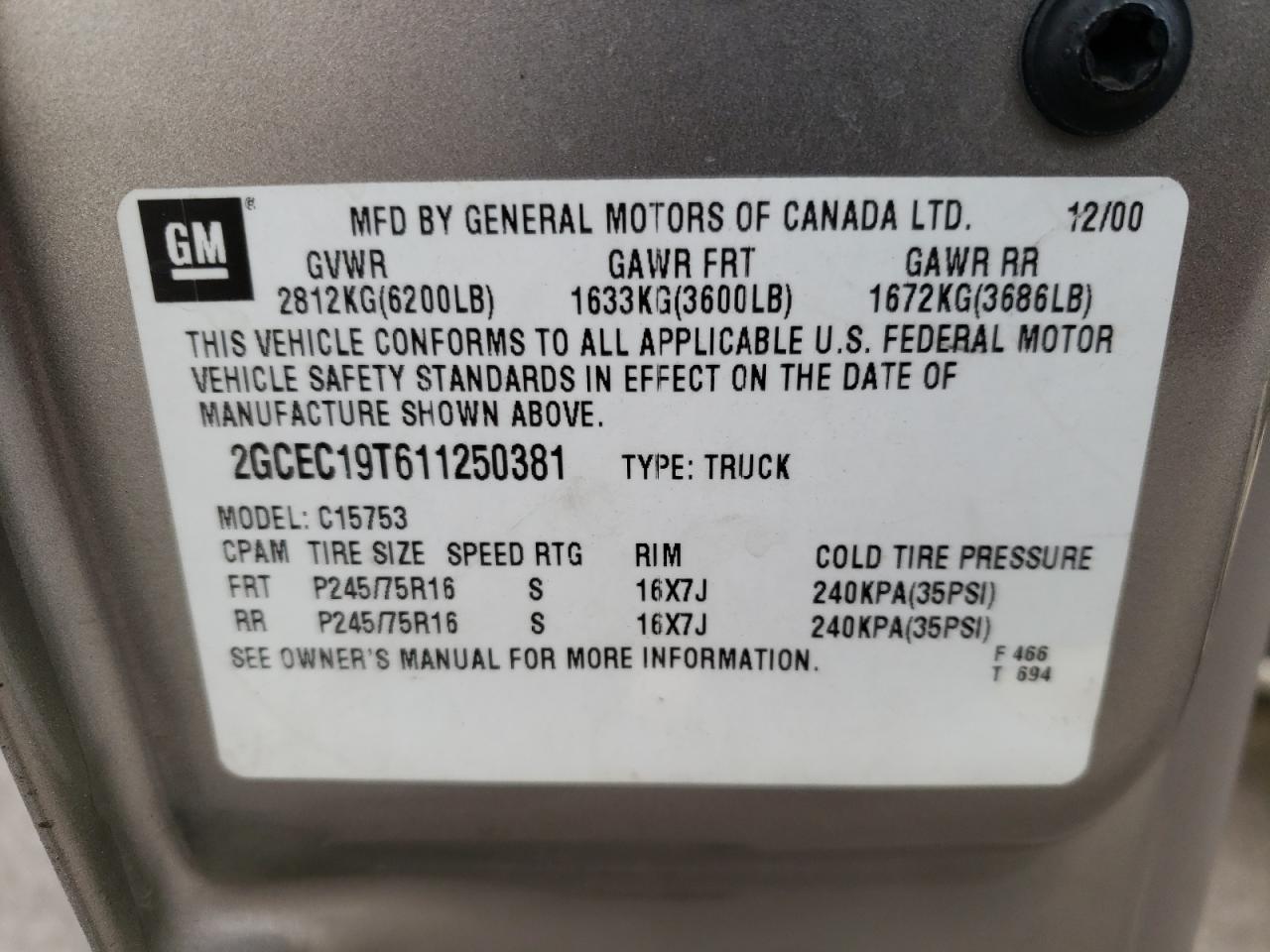 Photo 10 from auction – 2001 CHEVROLET SILVERADO with VIN 2GCEC19T611250381