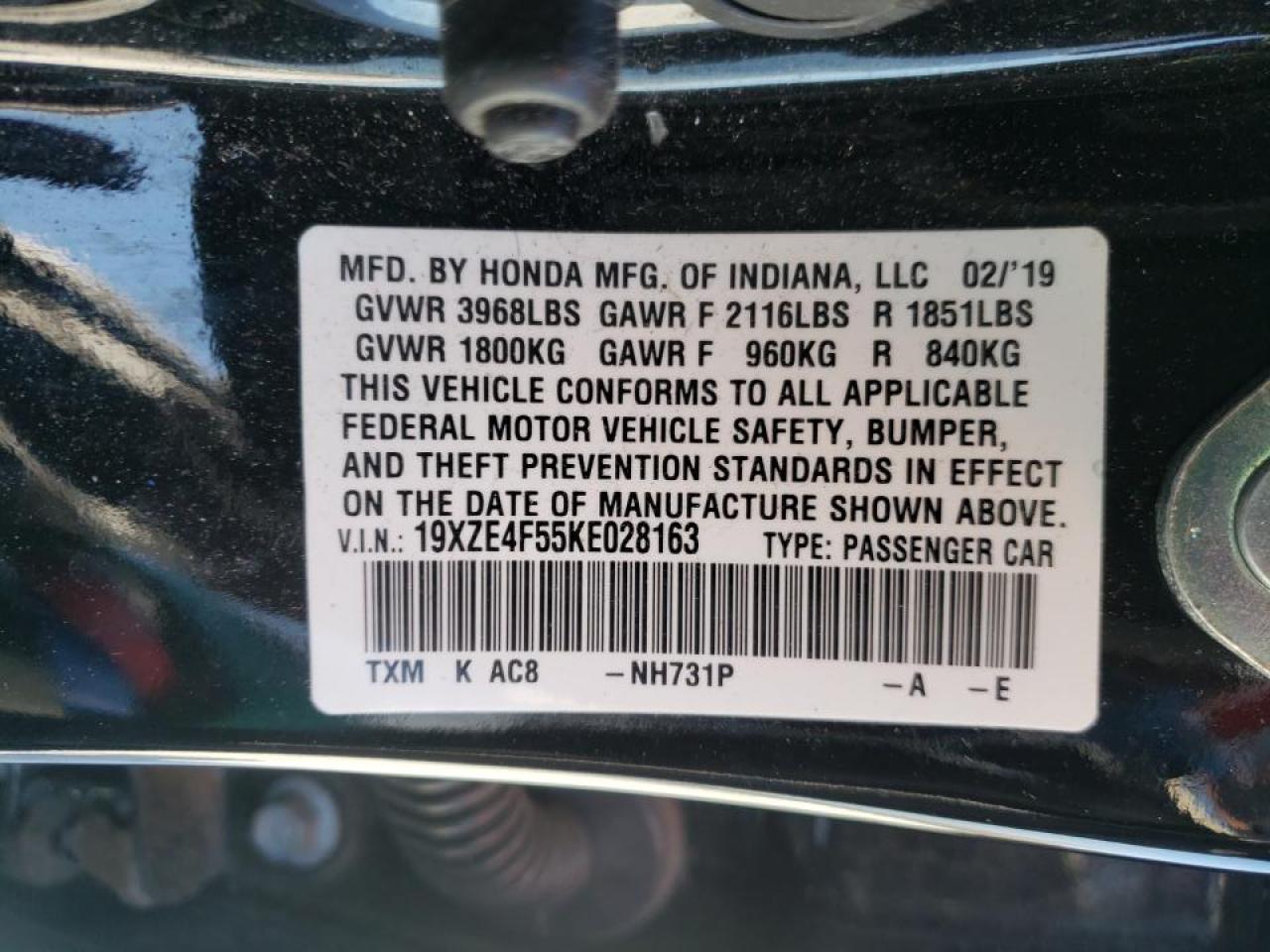 Photo 10 from auction – 2019 HONDA INSIGHT EX with VIN 19XZE4F55KE028163
