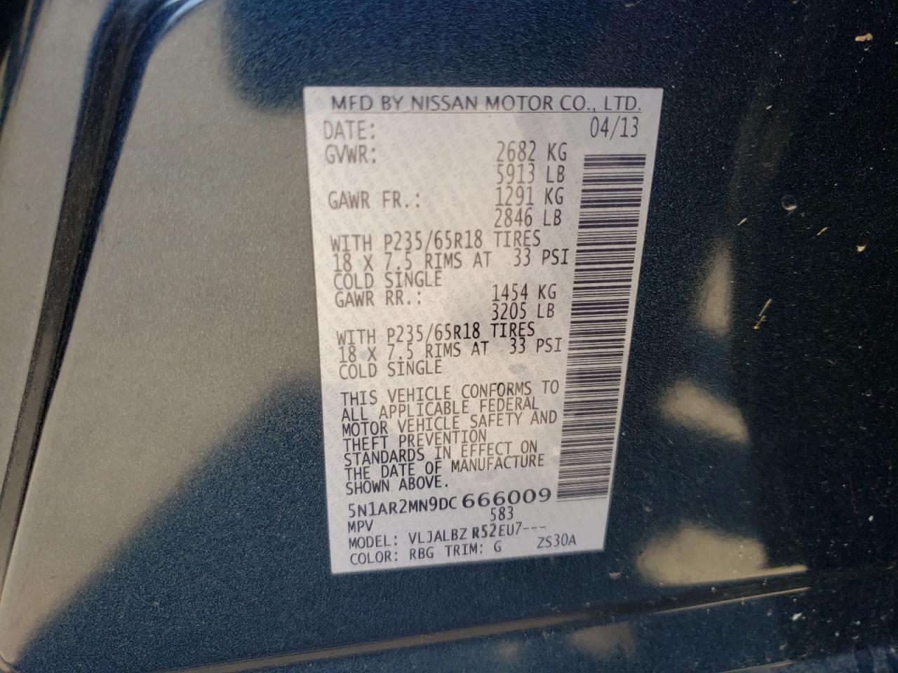 Photo 10 from auction – 2013 NISSAN PATHFINDER with VIN 5N1AR2MN9DC666009