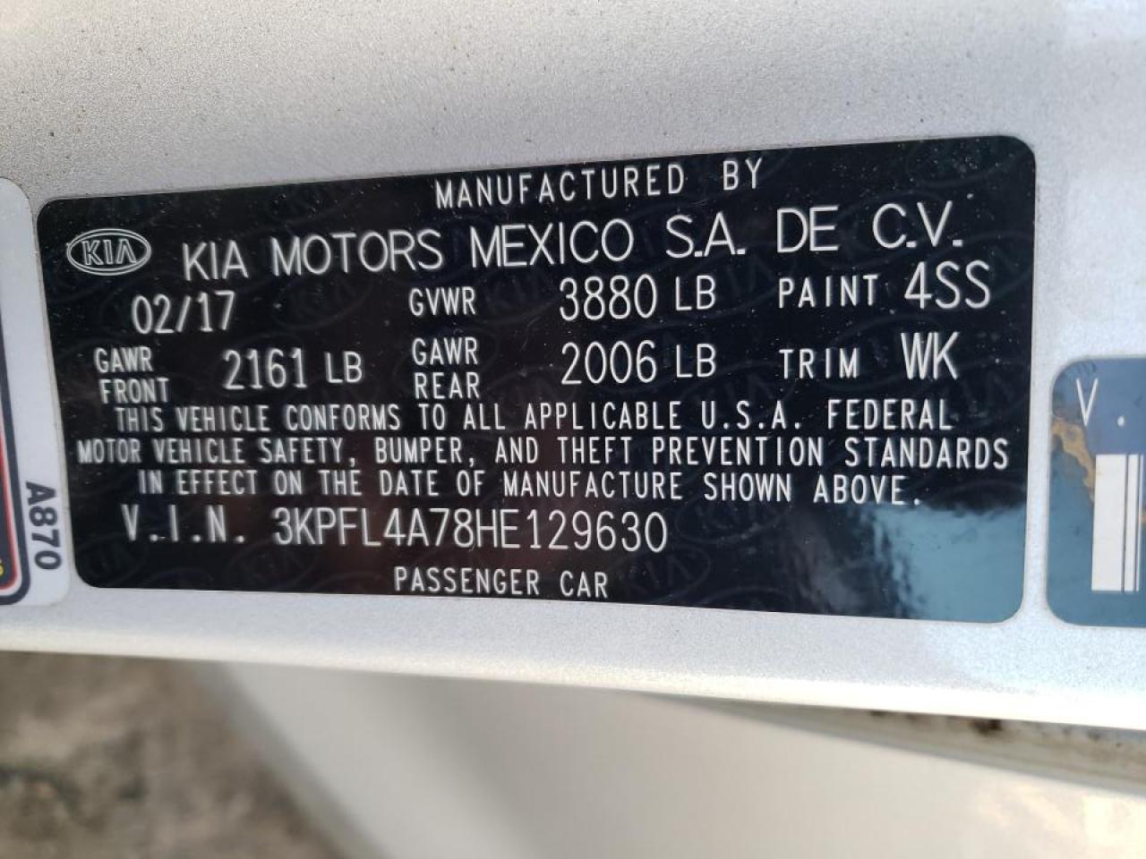 Photo 10 from auction – 2017 KIA FORTE LX with VIN 3KPFL4A78HE129630