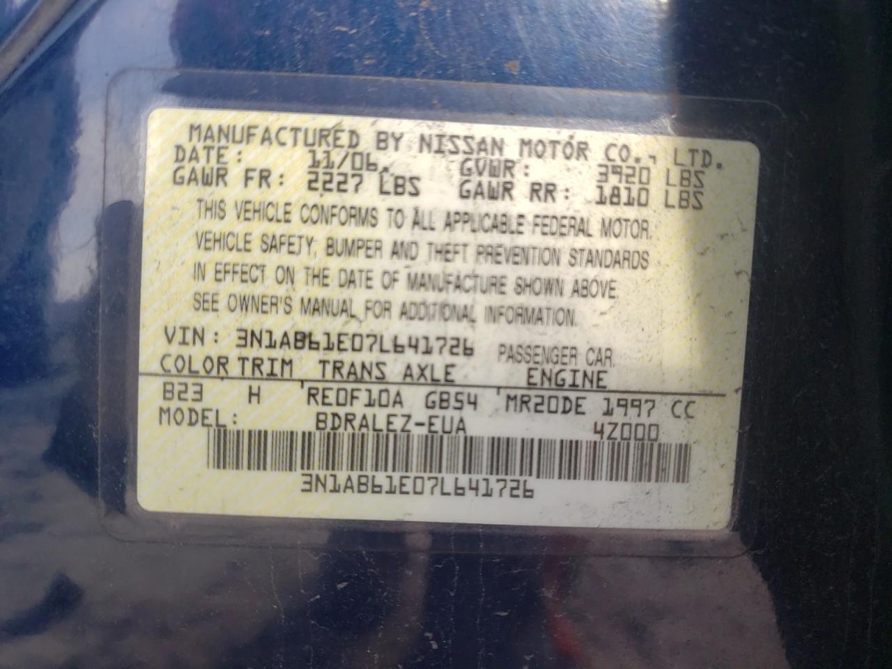 Photo 10 from auction – 2007 NISSAN SENTRA 2.0 with VIN 3N1AB61E07L641726
