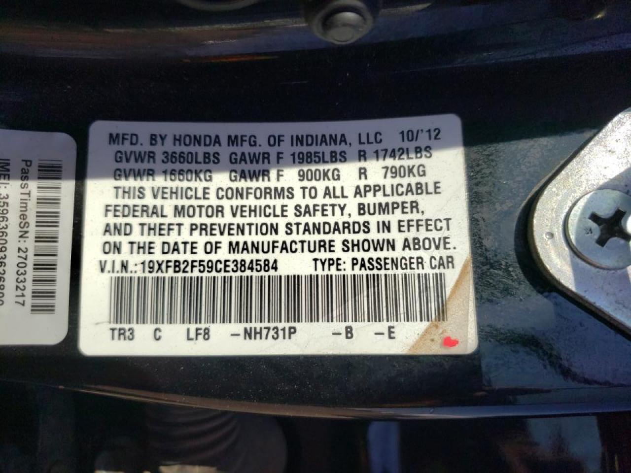 Photo 10 from auction – 2012 HONDA CIVIC LX with VIN 19XFB2F59CE384584