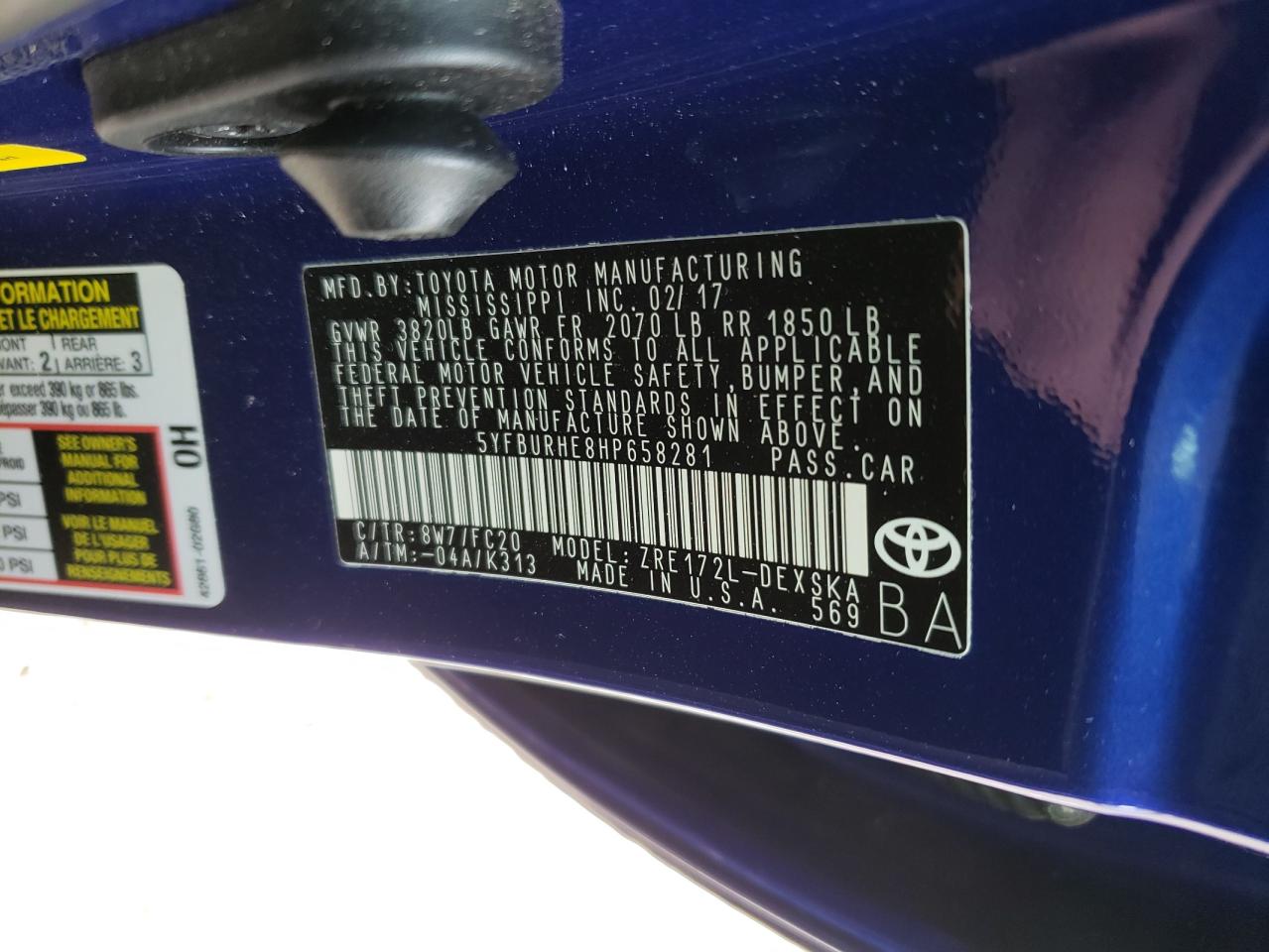 Photo 10 from auction – 2017 TOYOTA COROLLA L with VIN 5YFBURHE8HP658281