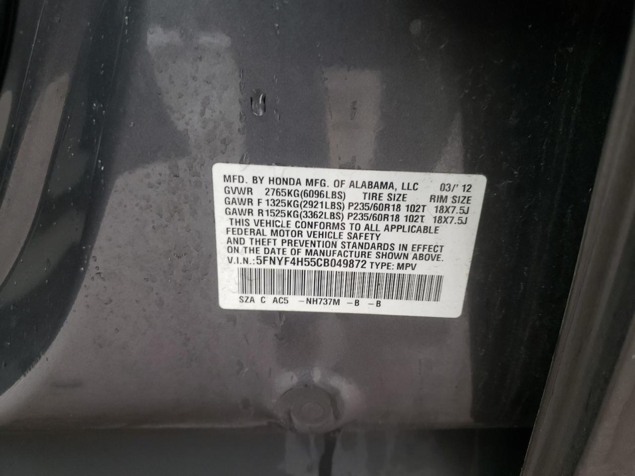 Photo 10 from auction – 2012 HONDA PILOT EXL with VIN 5FNYF4H55CB049872
