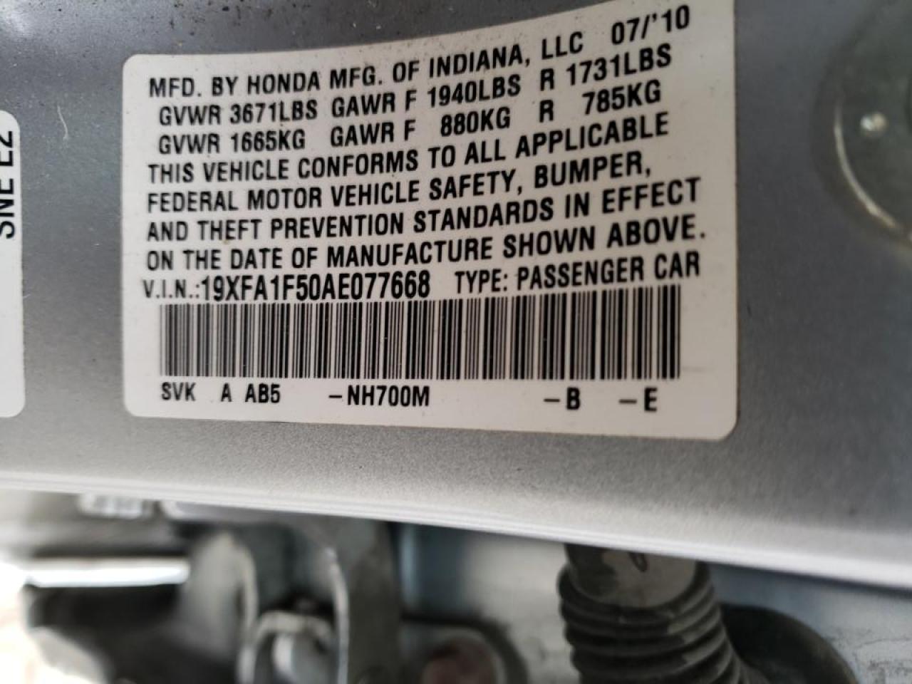 Photo 10 from auction – 2010 HONDA CIVIC LX with VIN 19XFA1F50AE077668