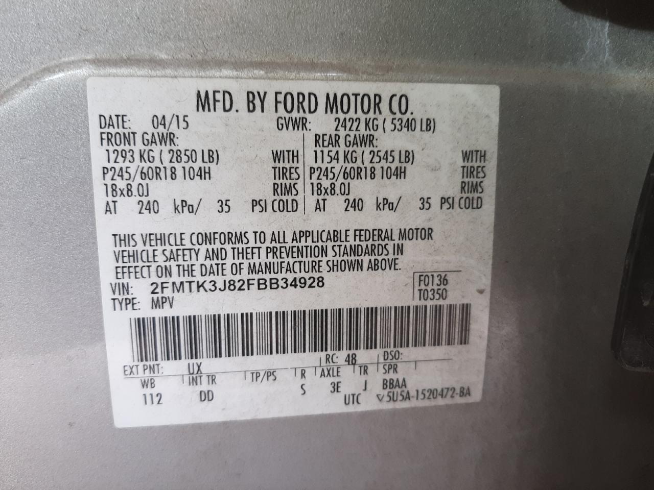 Photo 10 from auction – 2015 FORD EDGE SEL with VIN 2FMTK3J82FBB34928