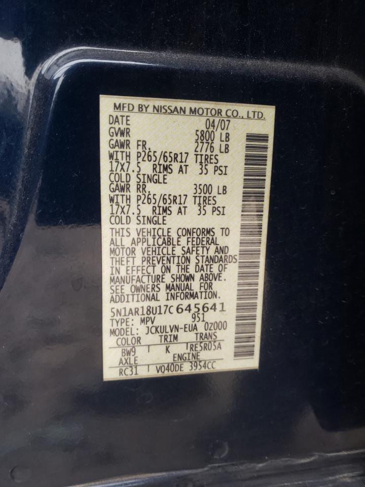 Photo 10 from auction – 2007 NISSAN PATHFINDER with VIN 5N1AR18U17C645641