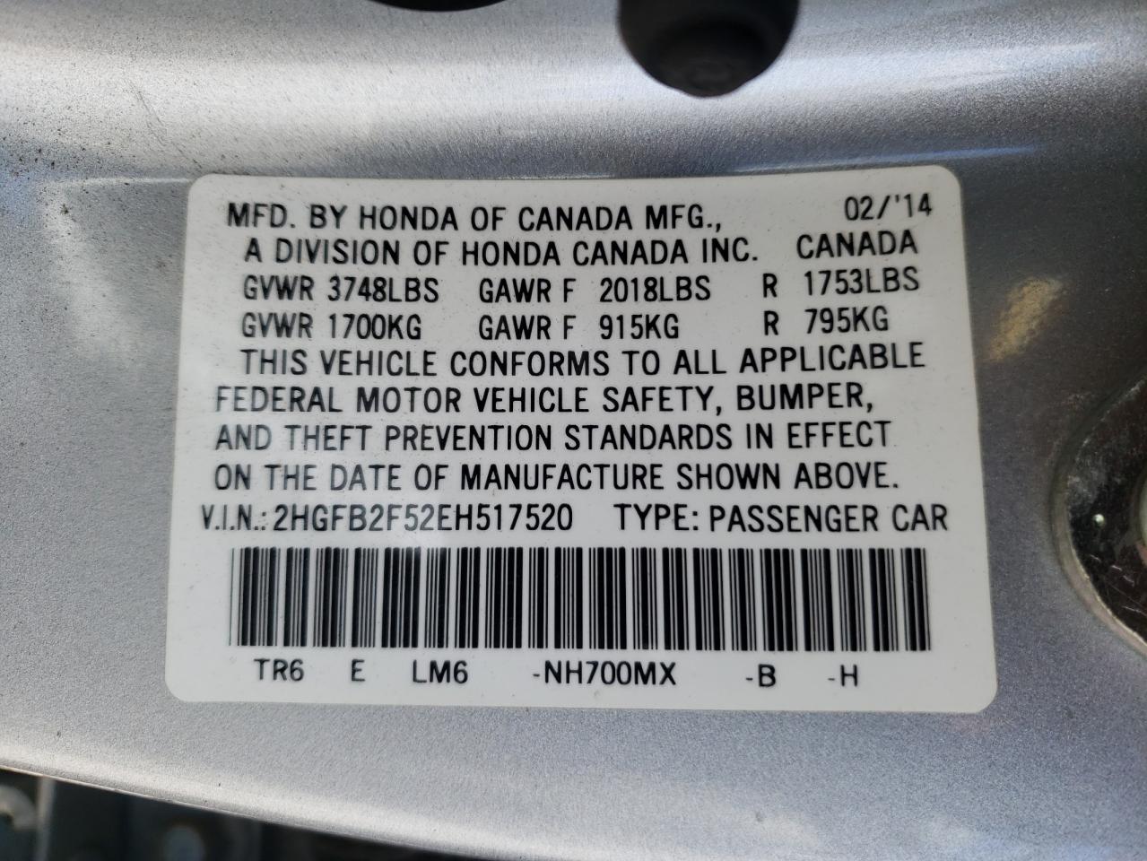Photo 10 from auction – 2014 HONDA CIVIC LX with VIN 2HGFB2F52EH517520