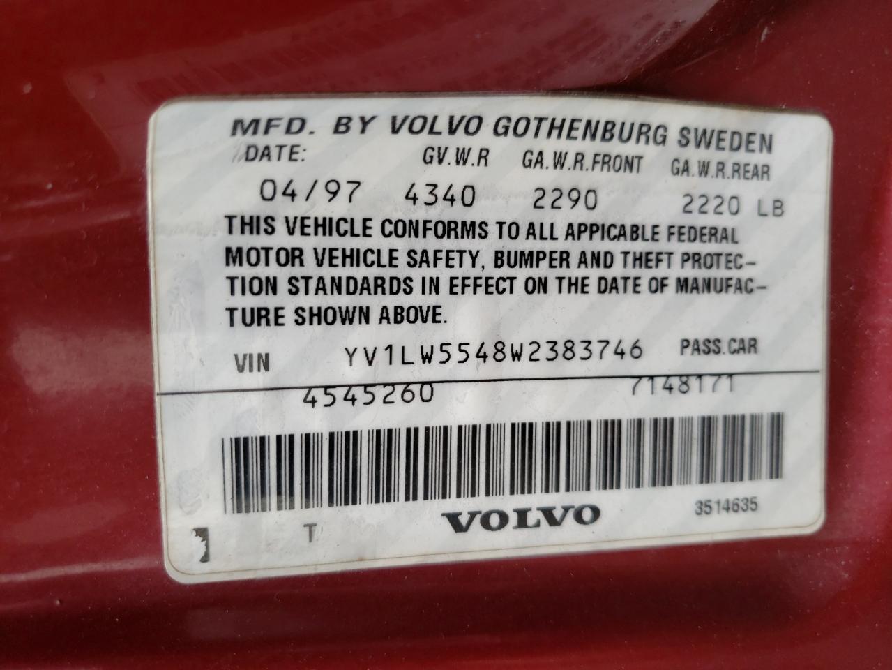 Photo 10 from auction – 1998 VOLVO V70 with VIN YV1LW5548W2383746