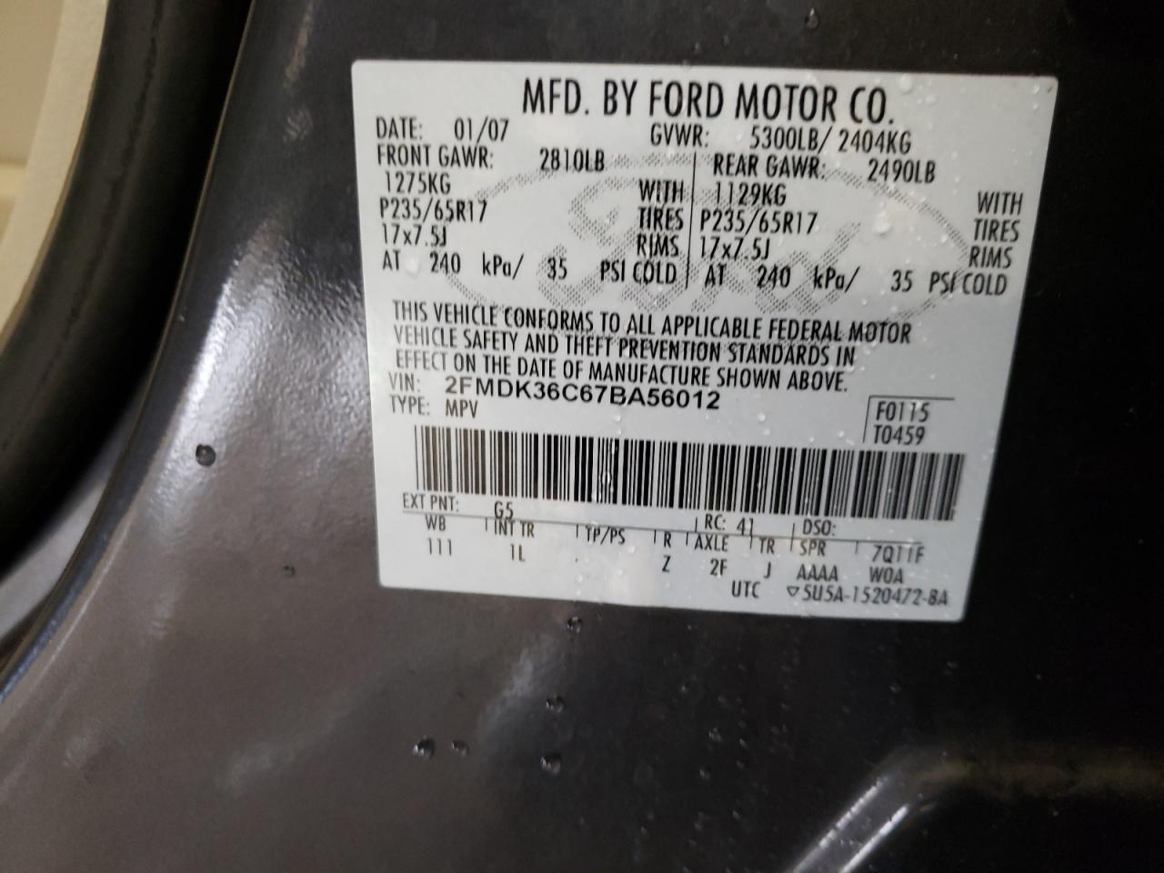 Photo 10 from auction – 2007 FORD EDGE SE with VIN 2FMDK36C67BA56012