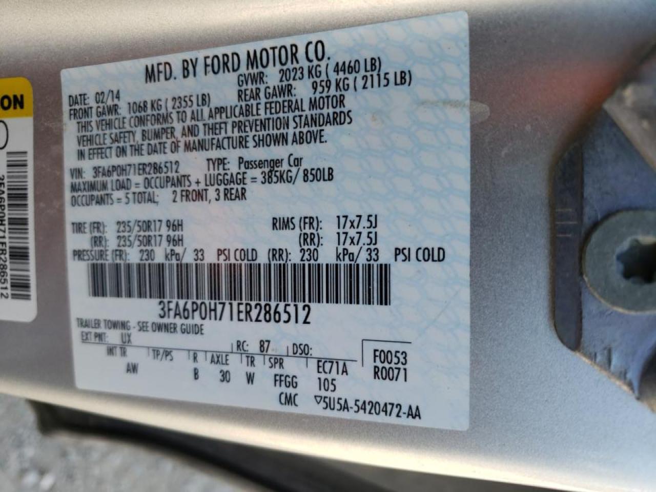 Photo 10 from auction – 2014 FORD FUSION SE with VIN 3FA6P0H71ER286512