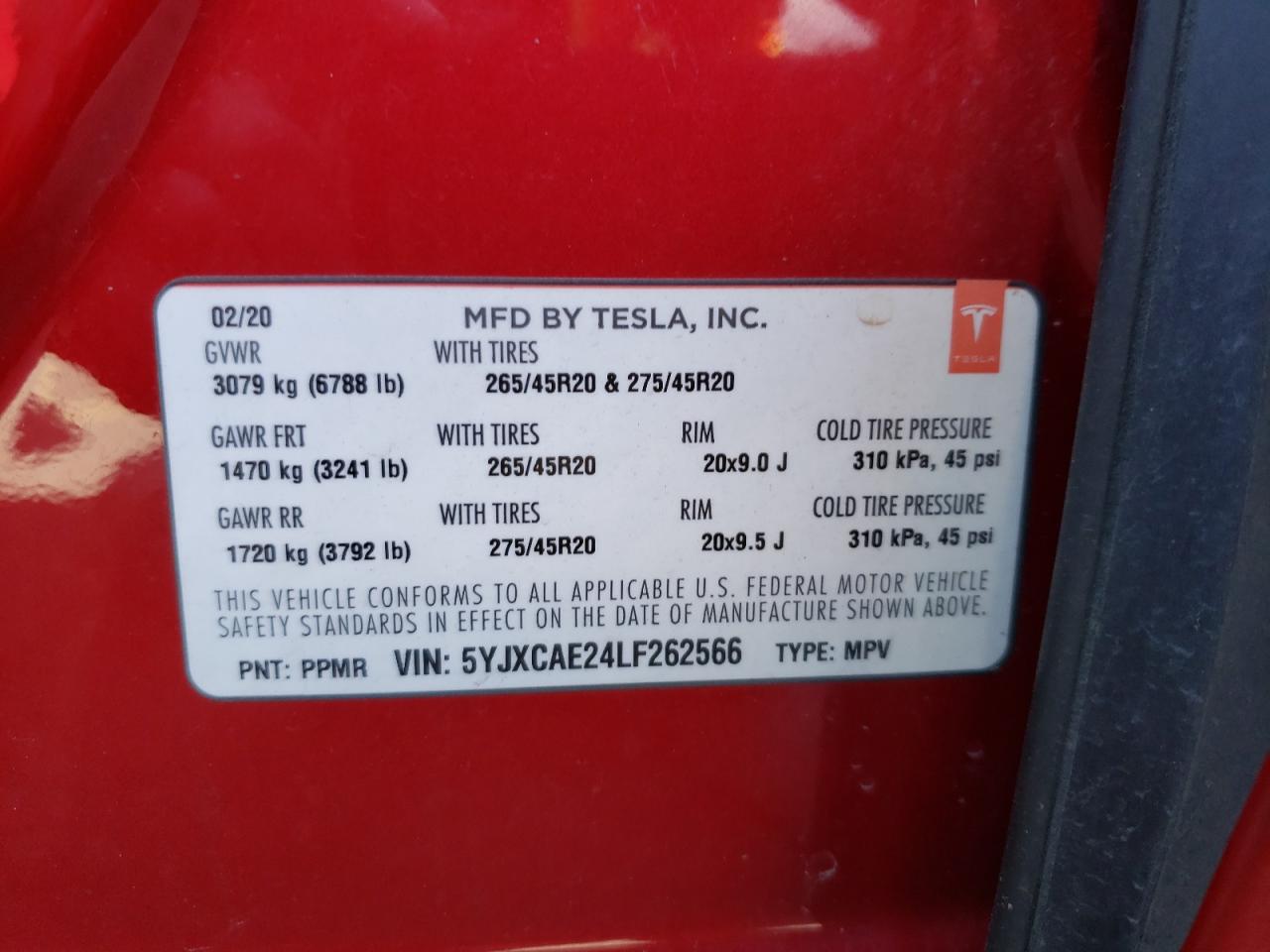Photo 10 from auction – 2020 TESLA MODEL X with VIN 5YJXCAE24LF262566