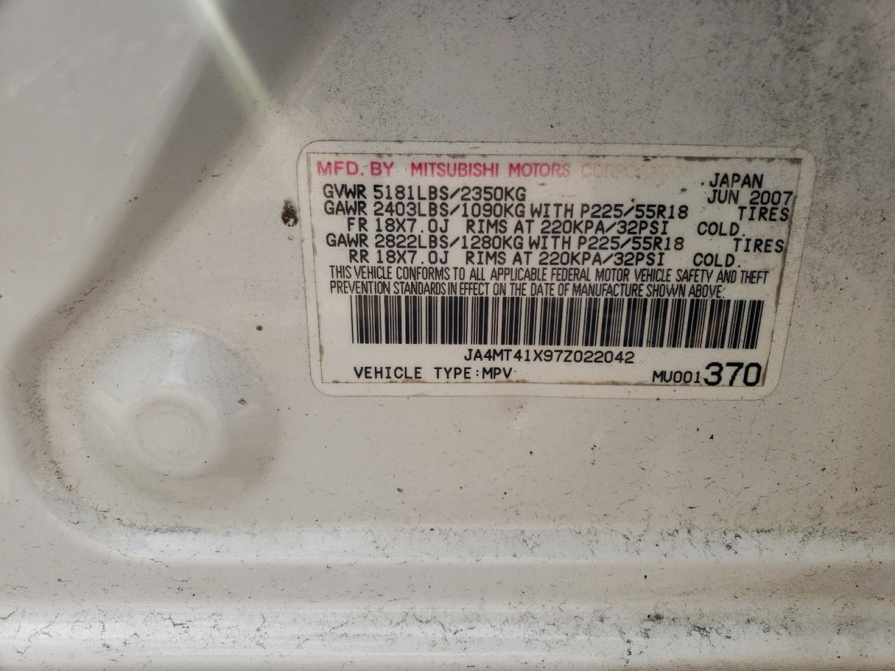 Photo 10 from auction – 2007 MITSUBISHI OUTLANDER with VIN JA4MT41X97Z022042
