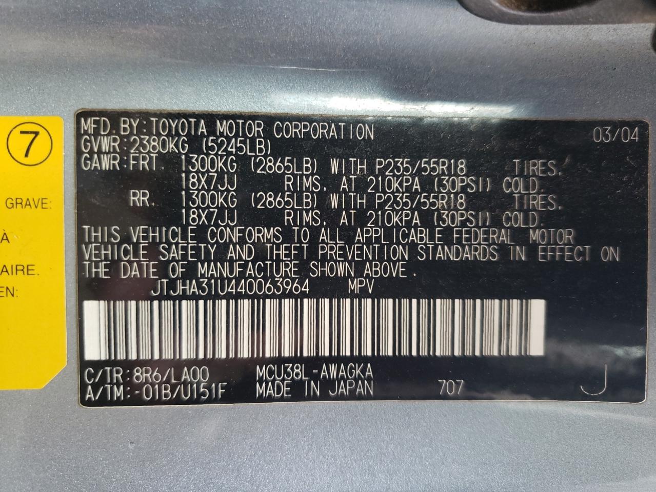 Photo 10 from auction – 2004 LEXUS RX 330 with VIN JTJHA31U440063964