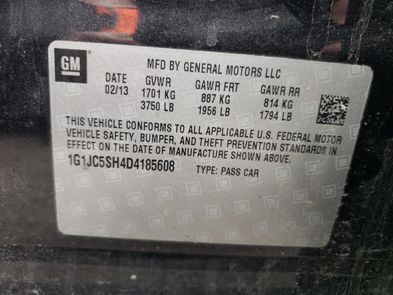 Photo 10 from auction – 2013 CHEVROLET SONIC LT with VIN 1G1JC5SH4D4185608