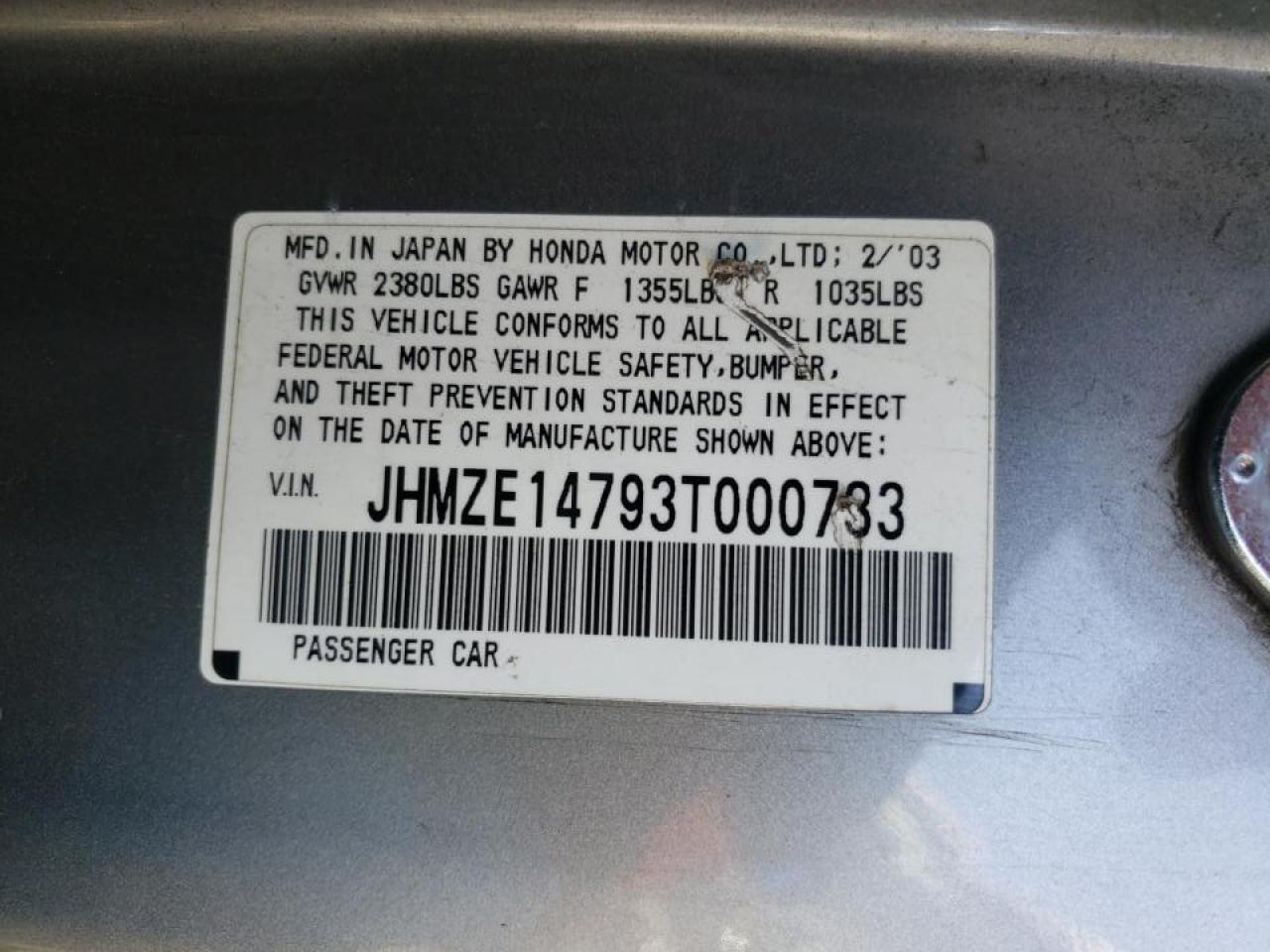 Photo 10 from auction – 2003 HONDA INSIGHT with VIN JHMZE14793T000733