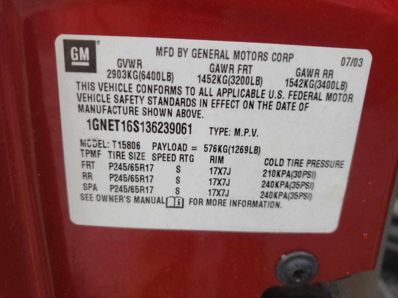 Photo 10 from auction – 2003 CHEVROLET TRAILBLAZE with VIN 1GNET16S136239061