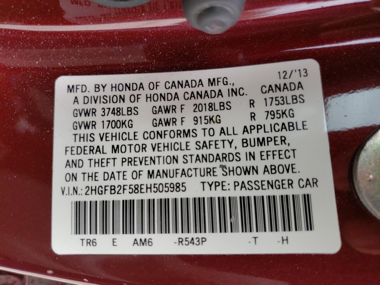 Photo 10 from auction – 2014 HONDA CIVIC LX with VIN 2HGFB2F58EH505985