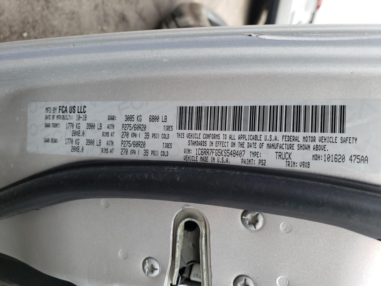 Photo 10 from auction – 2019 RAM 1500 CLASS with VIN 1C6RR7FG5KS548407