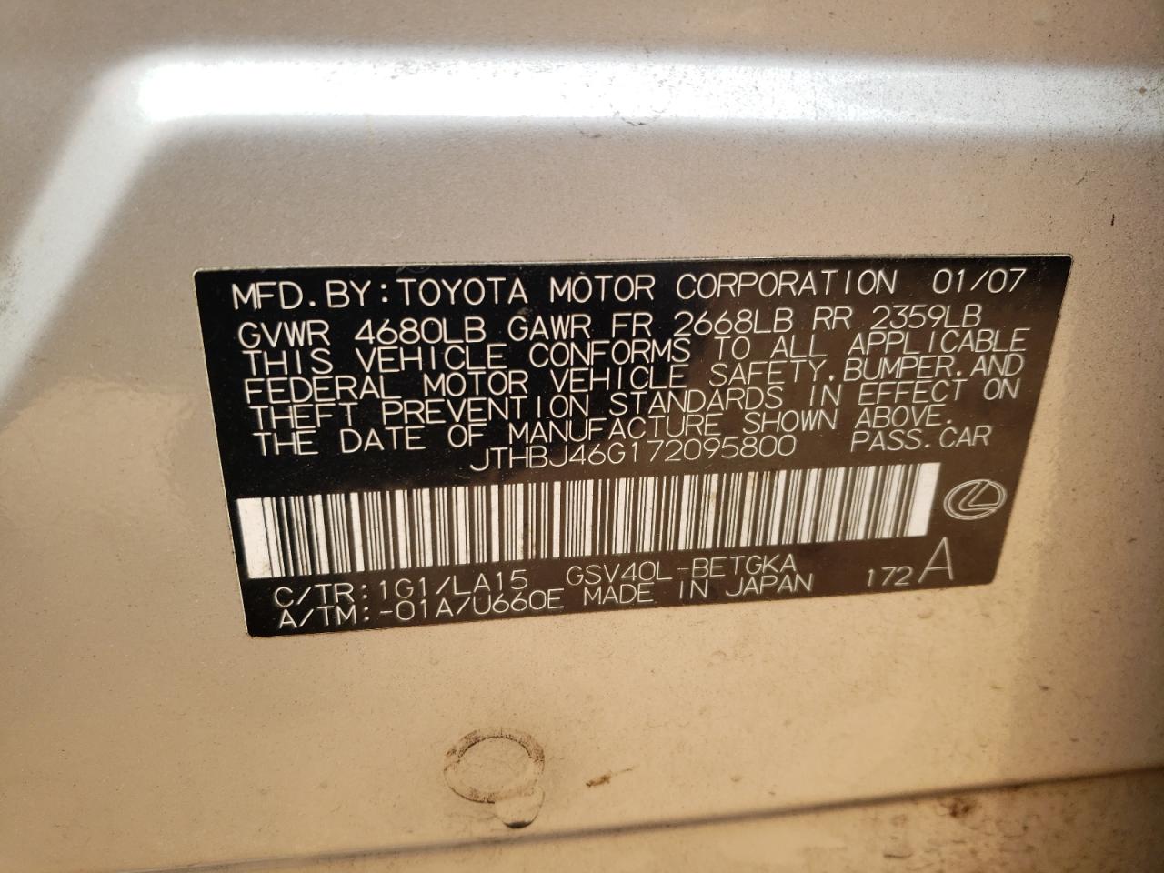 Photo 10 from auction – 2007 LEXUS ES 350 with VIN JTHBJ46G172095800