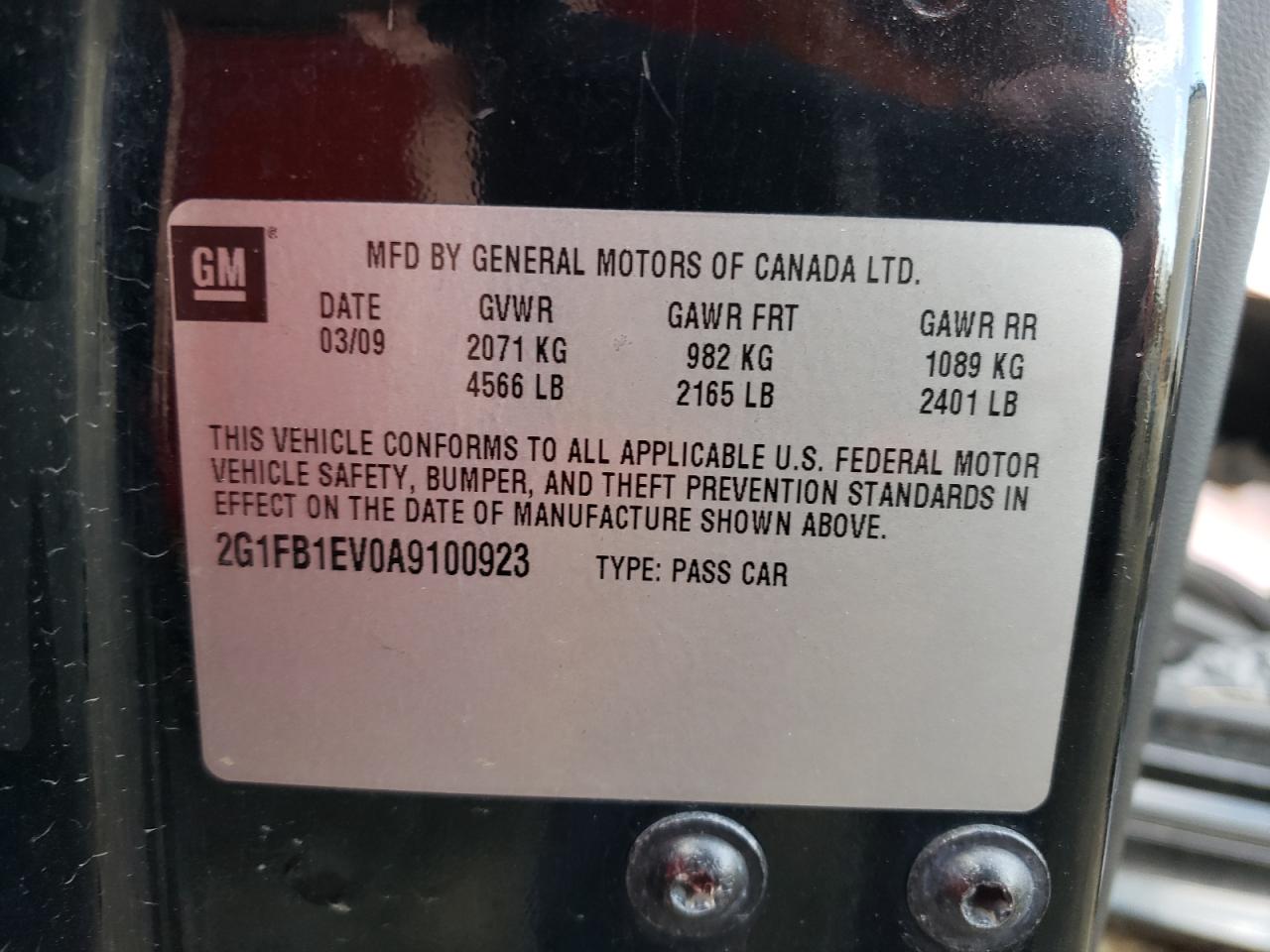 Photo 10 from auction – 2010 CHEVROLET CAMARO LT with VIN 2G1FB1EV0A9100923