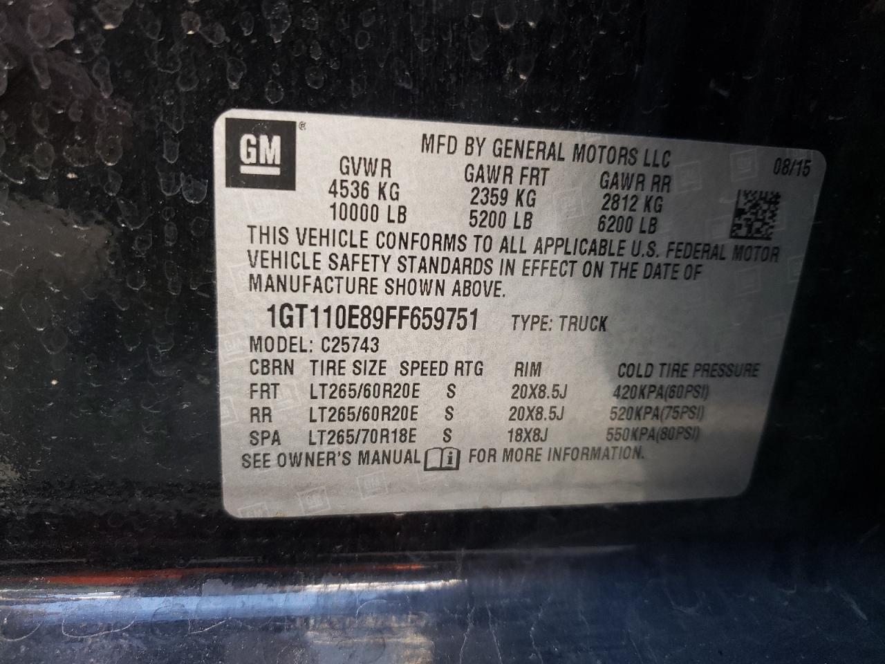 Photo 10 from auction – 2015 GMC SIERRA C25 with VIN 1GT110E89FF659751