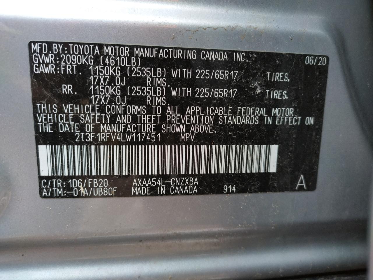 Photo 10 from auction – 2020 TOYOTA RAV4 LE with VIN 2T3F1RFV4LW117451