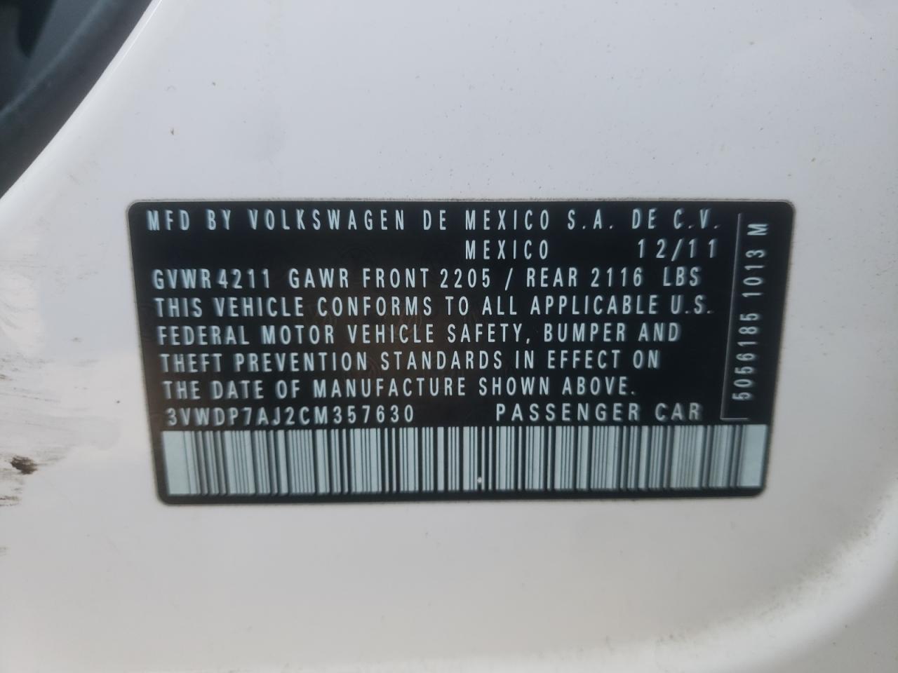 Photo 10 from auction – 2012 VOLKSWAGEN JETTA SE with VIN 3VWDP7AJ2CM357630