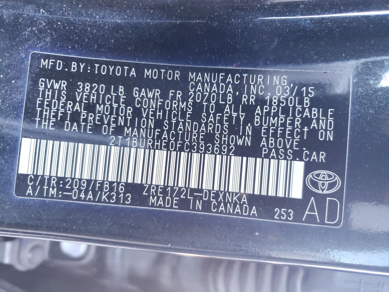 Photo 10 from auction – 2015 TOYOTA COROLLA L with VIN 2T1BURHE0FC393692