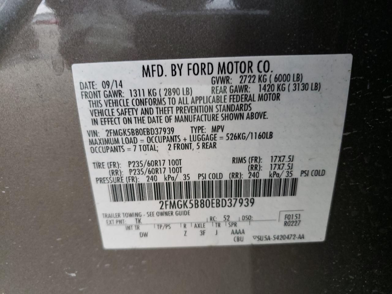 Photo 10 from auction – 2014 FORD FLEX SE with VIN 2FMGK5B80EBD37939