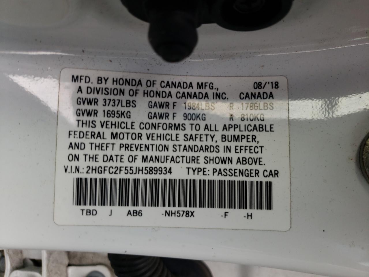 Photo 10 from auction – 2018 HONDA CIVIC LX with VIN 2HGFC2F55JH589934