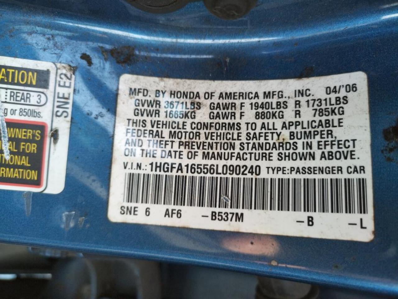 Photo 10 from auction – 2006 HONDA CIVIC LX with VIN 1HGFA16556L090240