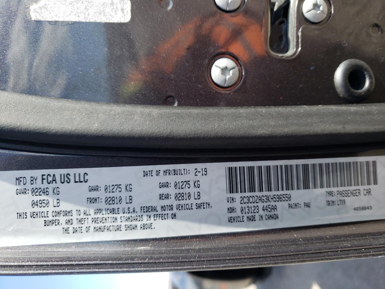 Photo 10 from auction – 2019 DODGE CHALLENGER with VIN 2C3CDZAG3KH596550