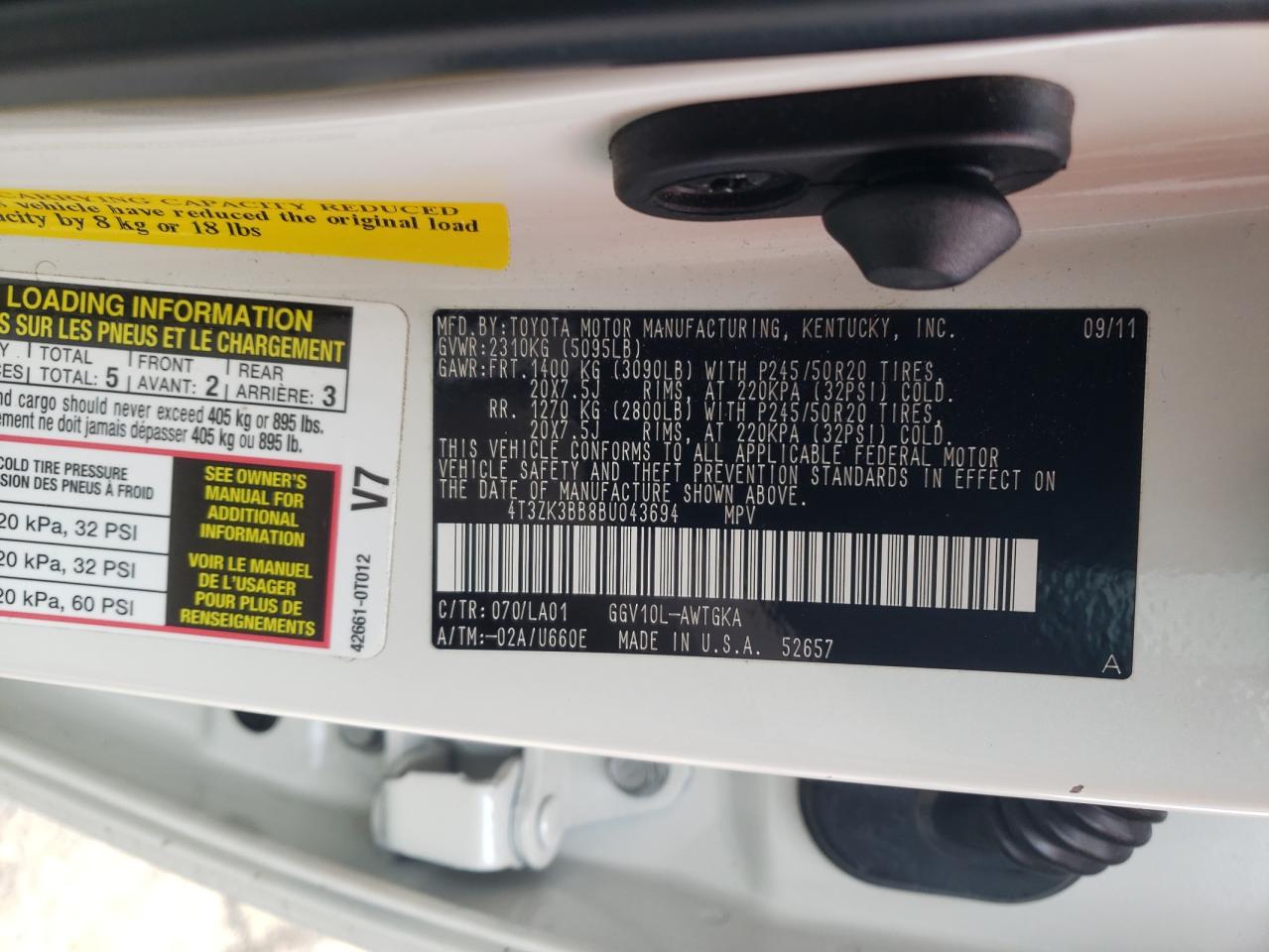 Photo 10 from auction – 2011 TOYOTA VENZA with VIN 4T3ZK3BB8BU043694