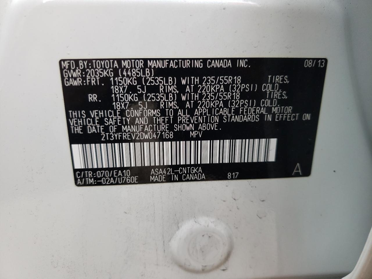Photo 10 from auction – 2013 TOYOTA RAV4 LIMIT with VIN 2T3YFREV2DW047168