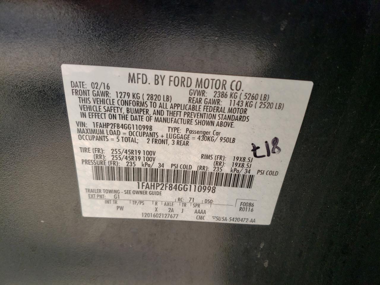 Photo 10 from auction – 2016 FORD TAURUS with VIN 1FAHP2F84GG110998