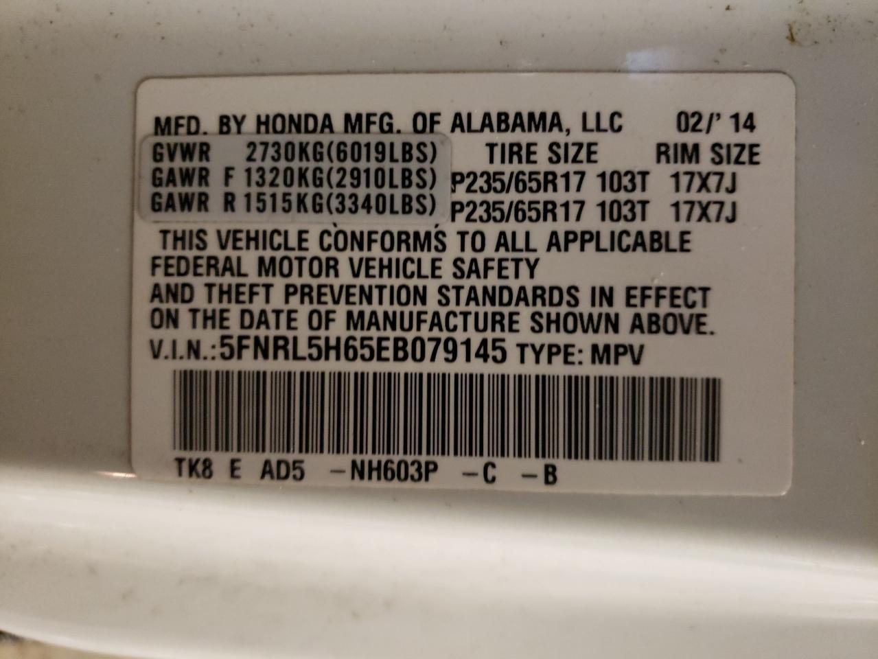 Zdjęcie 10 z aukcji – 2014 HONDA ODYSSEY EX z VIN 5FNRL5H65EB079145
