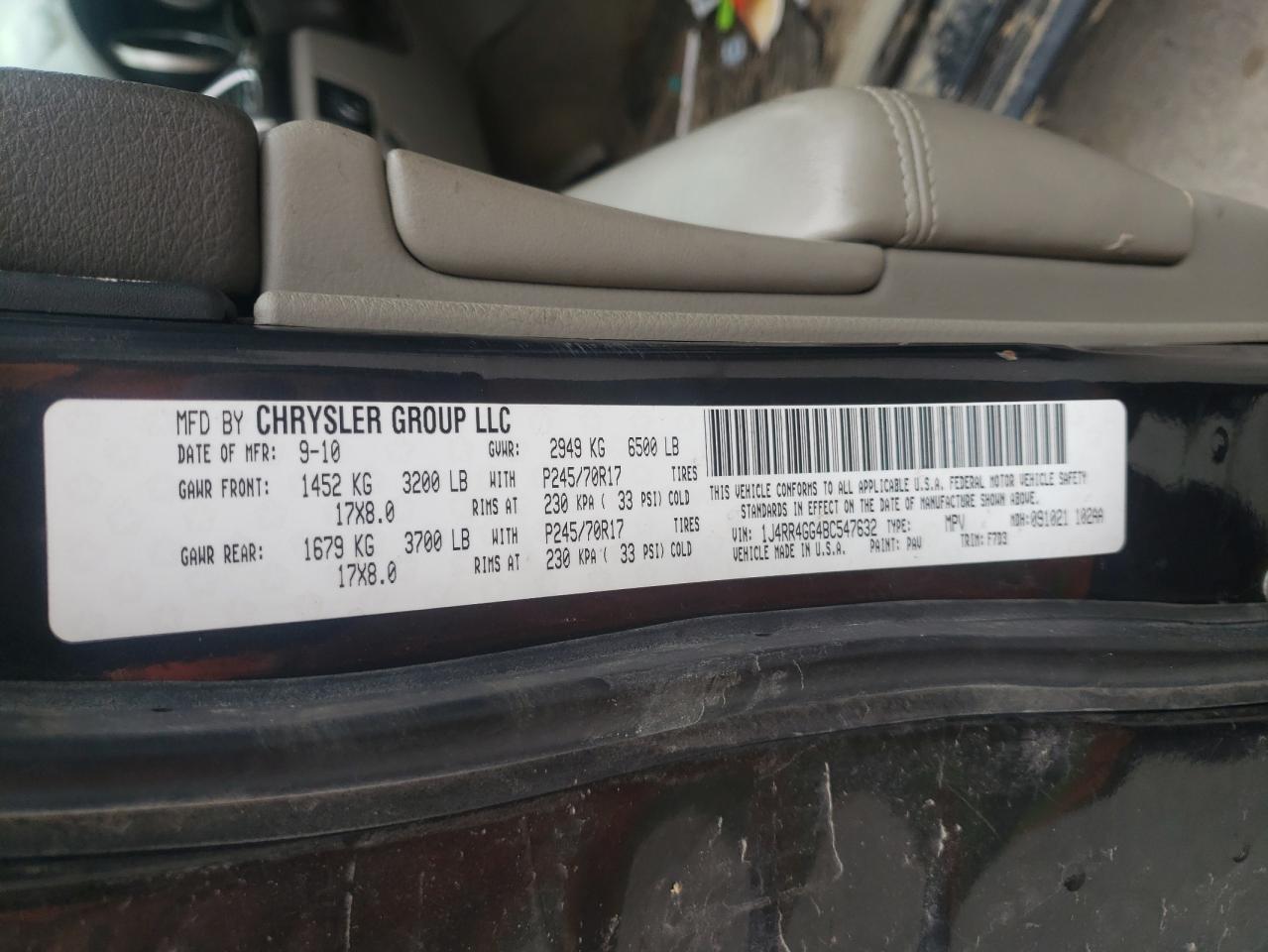 Photo 10 from auction – 2011 JEEP GRAND CHER with VIN 1J4RR4GG4BC547632