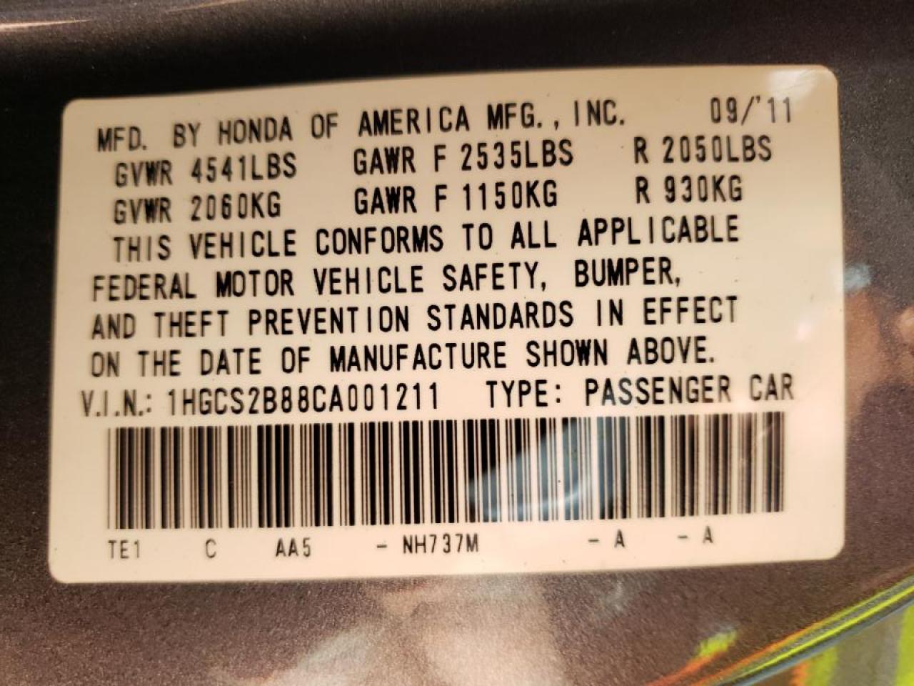 Photo 10 from auction – 2012 HONDA ACCORD EXL with VIN 1HGCS2B88CA001211