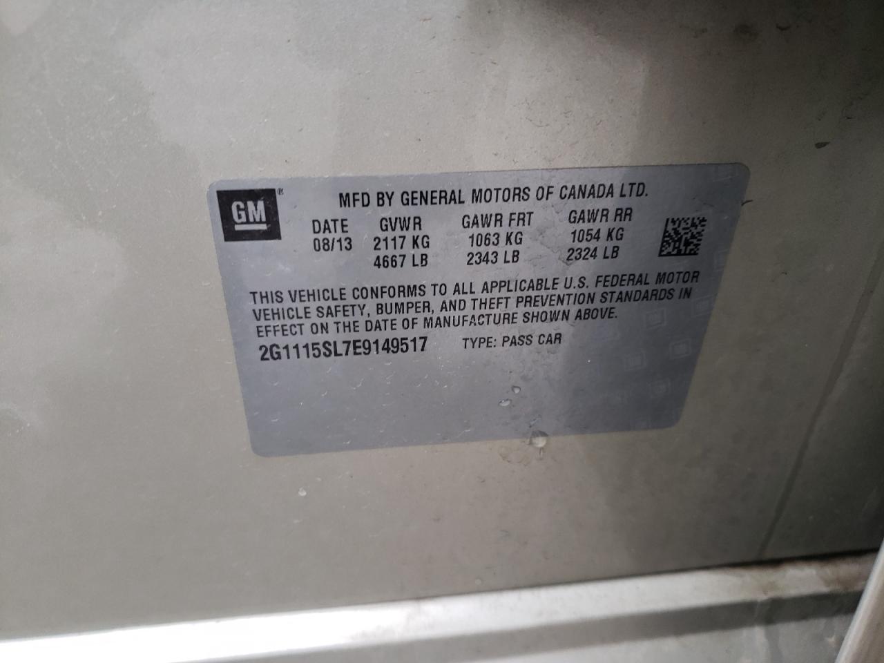 Photo 10 from auction – 2014 CHEVROLET IMPALA LT with VIN 2G1115SL7E9149517