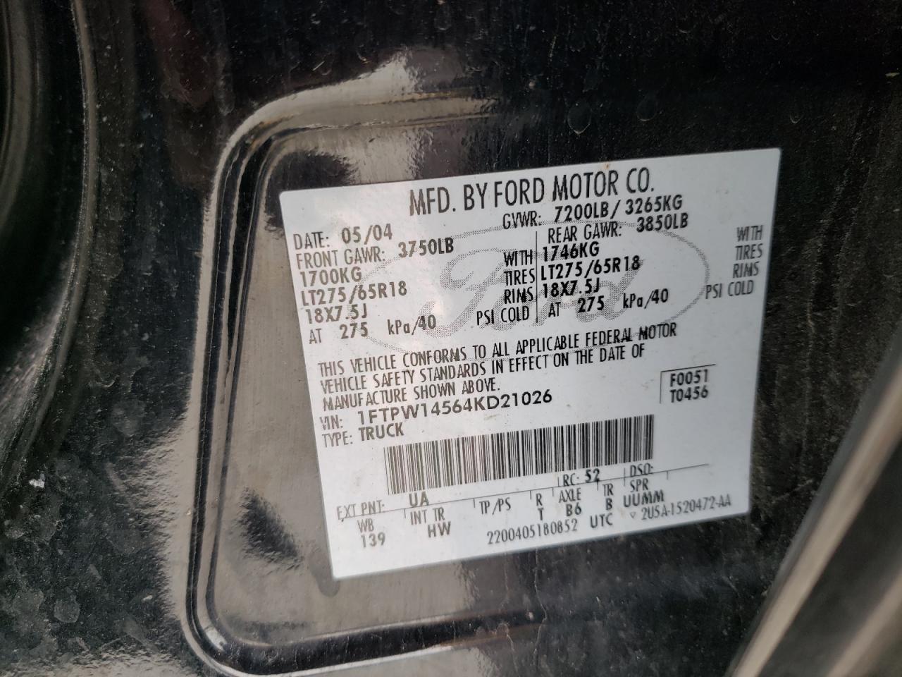 Photo 10 from auction – 2004 FORD F150 SUPER with VIN 1FTPW14564KD21026