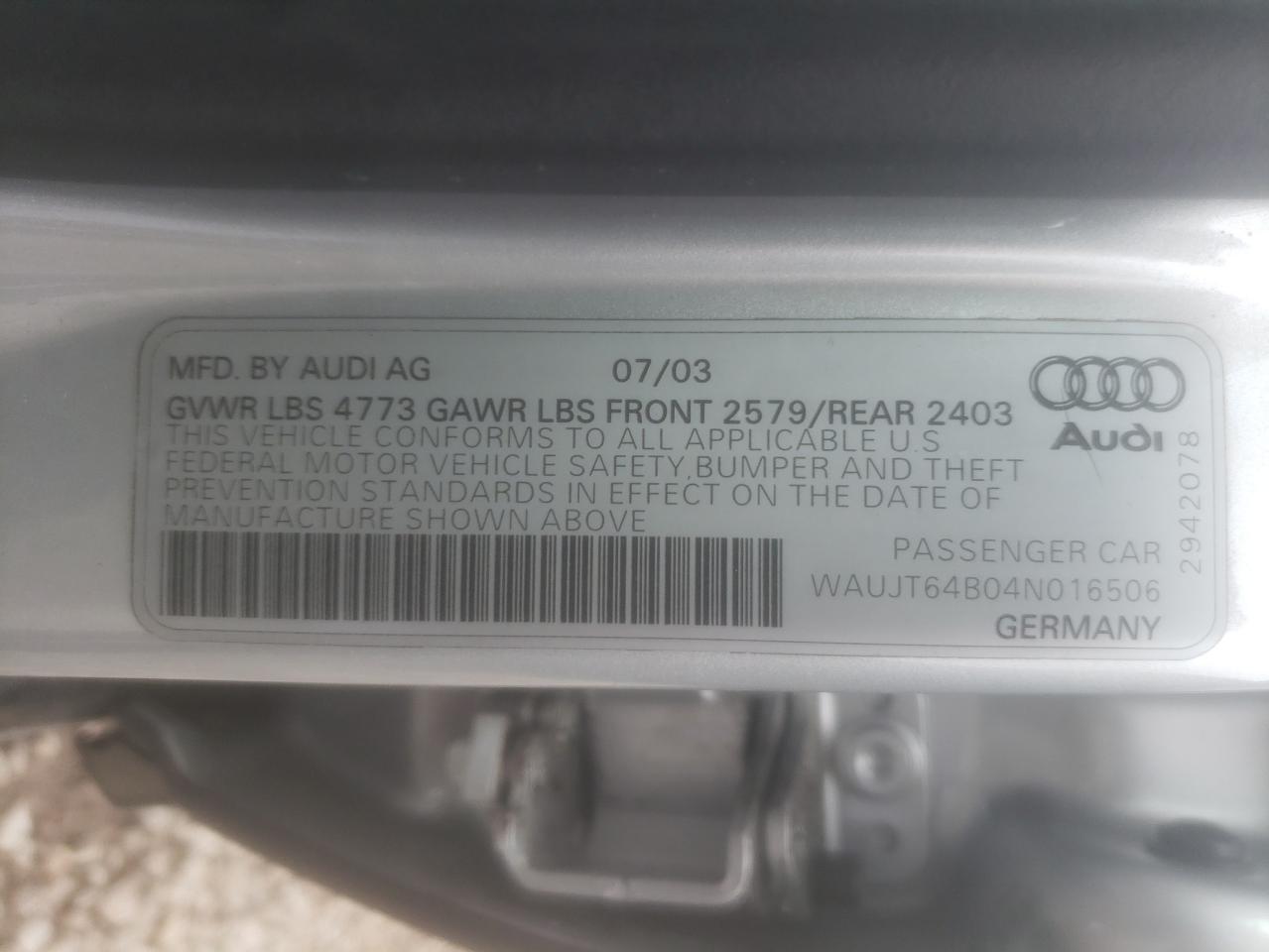 Photo 10 from auction – 2004 AUDI A6 3 with VIN WAUJT64B04N016506