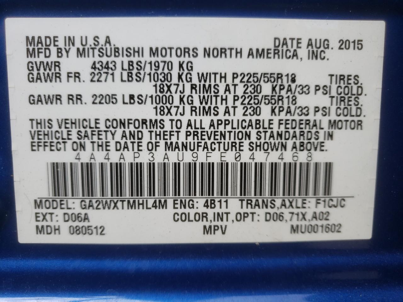 Фото 10 с аукциона – 2015 MITSUBISHI OUTLANDER с VIN 4A4AP3AU9FE047468