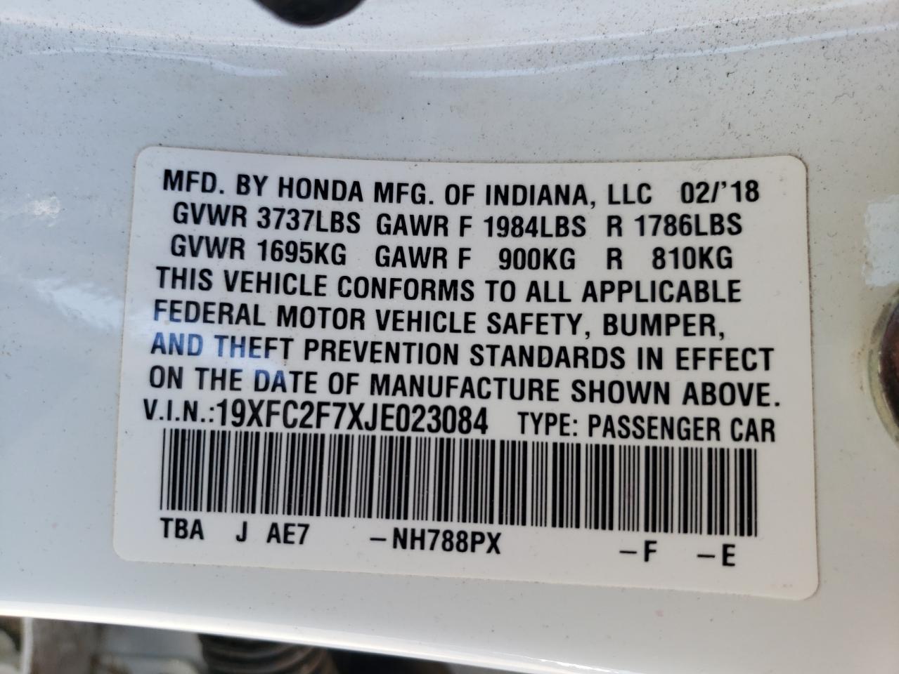 Photo 10 from auction – 2018 HONDA CIVIC EX with VIN 19XFC2F7XJE023084
