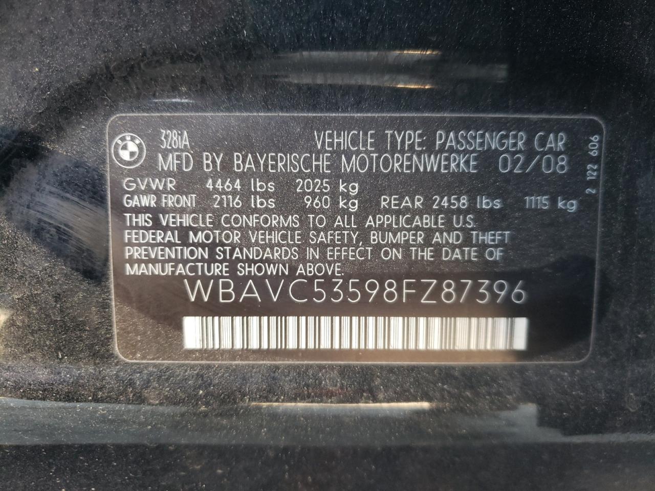 Photo 10 from auction – 2008 BMW 328I with VIN WBAVC53598FZ87396