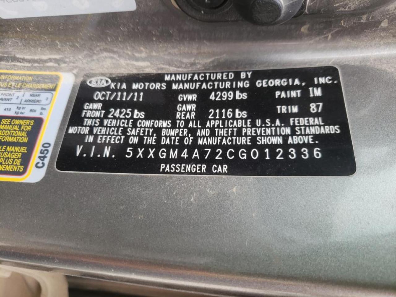 Photo 10 from auction – 2012 KIA OPTIMA LX with VIN 5XXGM4A72CG012336