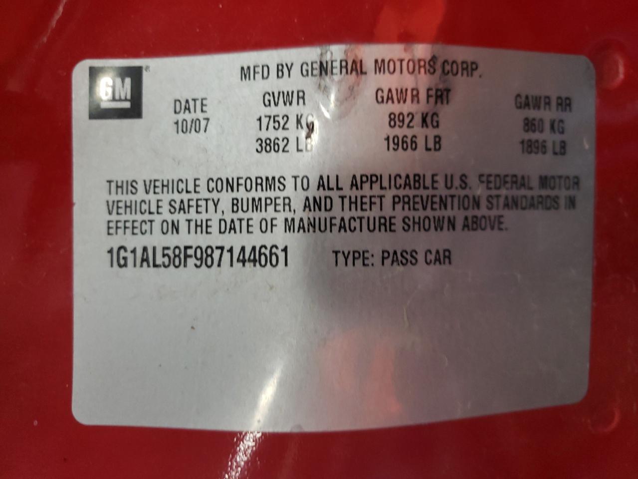 Photo 10 from auction – 2008 CHEVROLET COBALT LT with VIN 1G1AL58F987144661