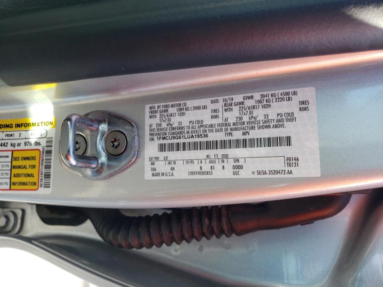Photo 10 from auction – 2020 FORD ESCAPE SE with VIN 1FMCU9G61LUA19536