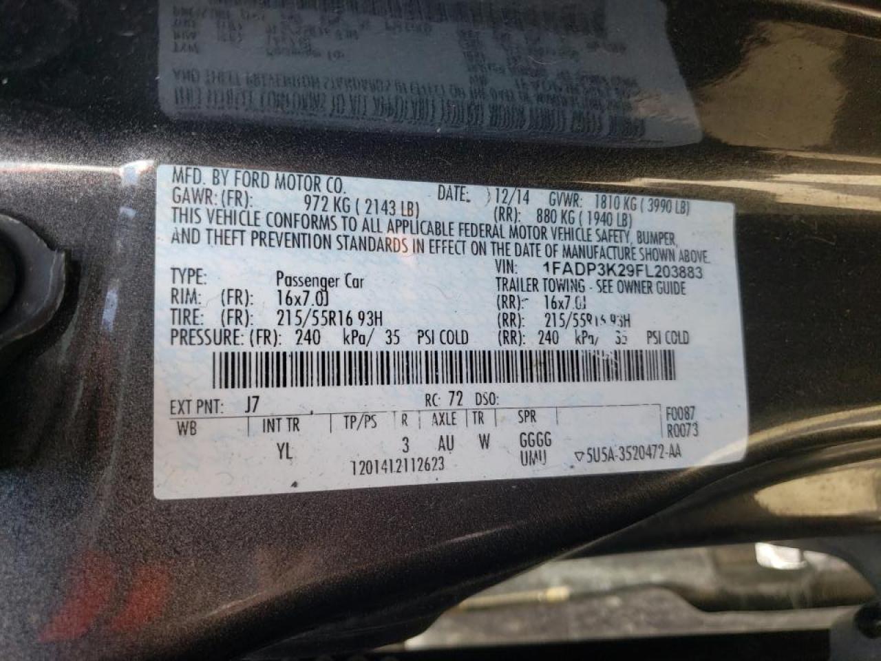 Photo 10 from auction – 2015 FORD FOCUS SE with VIN 1FADP3K29FL203883