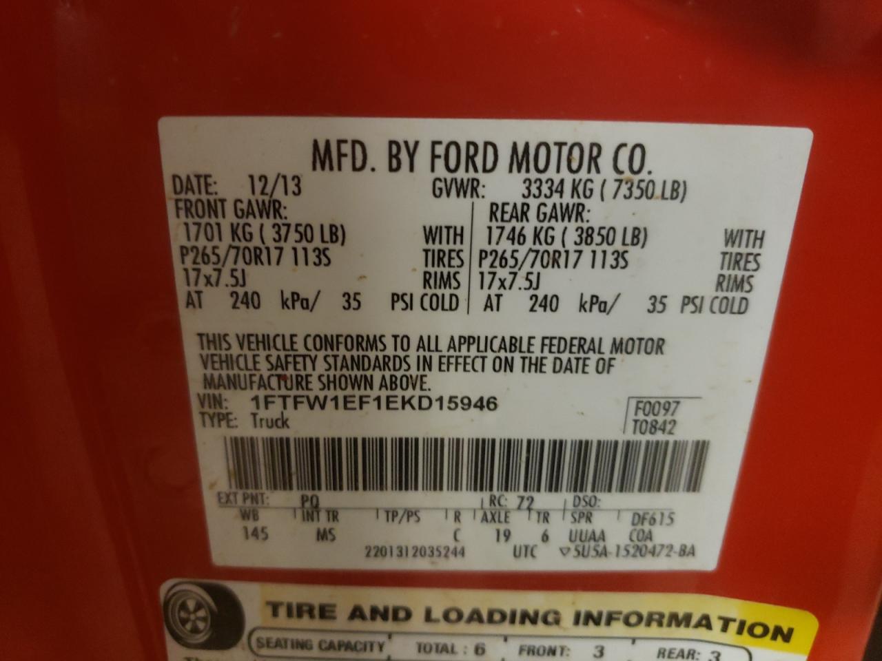 Photo 10 from auction – 2014 FORD F150 SUPER with VIN 1FTFW1EF1EKD15946